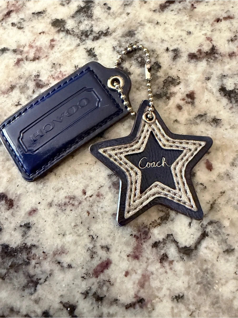 Vintage Coach Navy Patent Leather Hangtag Silver Stitched Star Charm Key fob